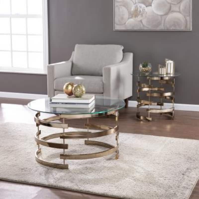 32" Round Clear Glass Coffee Table with Champagne Iron Base Contemporary Living Room Table - 32”L x 32”W x 18.5”H