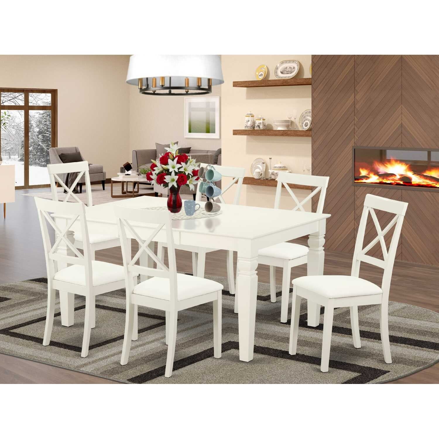 Dining Set 7 Piece Table & Chairs Linen White Faux Leather Modern Kitchen Set