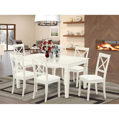 Dining Set 7 Piece Table & Chairs Linen White Faux Leather Modern Kitchen Set