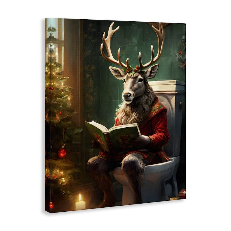 Stupell Reindeer in Festive Bathroom Canvas Wall Art Design By Jo Moulton