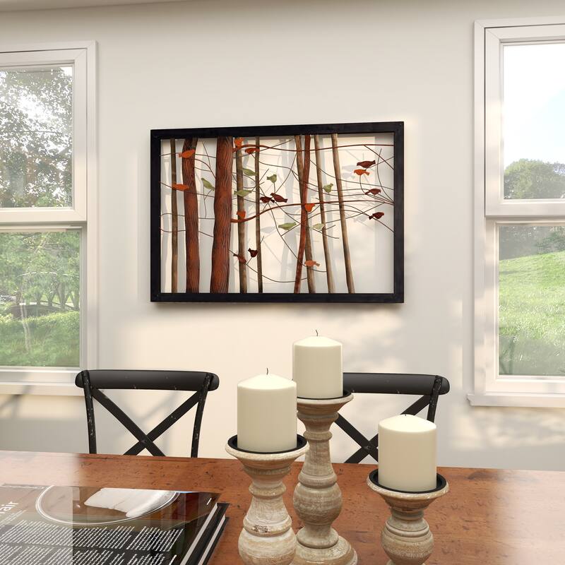 Multi Colored Metal Cutout Bird Home Wall Decor with Tree Branch Accents and Black Metal Frame
