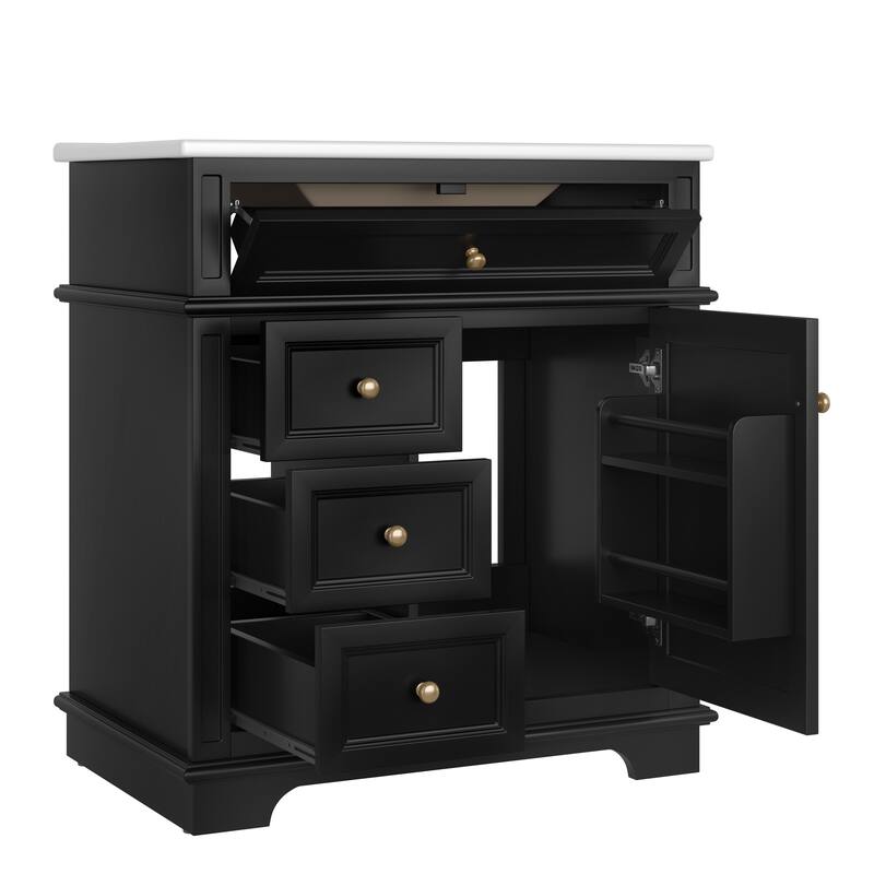 Bathroom Vanity with Sink, Freestanding Wood Bathroom Vanity, Bathroom Cabinet with 1 Tip-out Drawer, 3 Drawers & Door Shelf