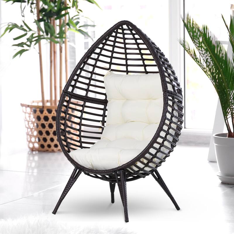 Outsunny Patio Wicker Egg Chair w/ Soft Cushion, Teardrop Cuddle Seat, Outdoor / Indoor Patio Chair - Cream White