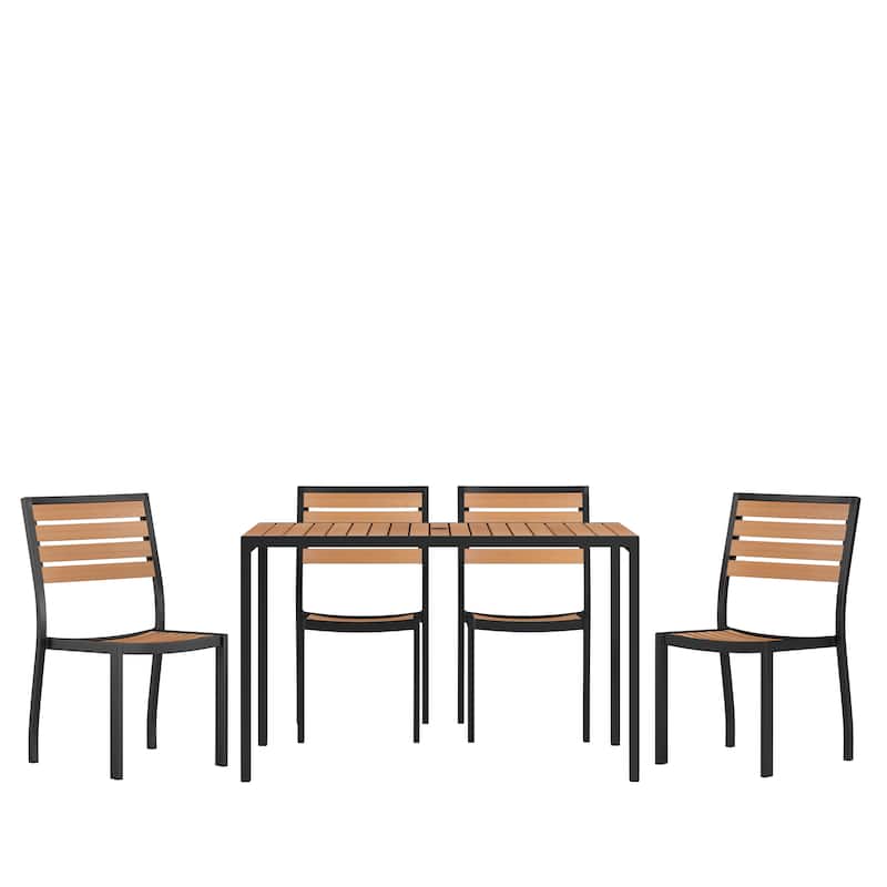 Indoor/Outdoor Steel Framed Faux Teak Patio Table with 4 Chairs