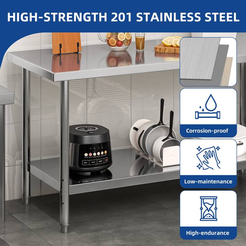 60×24 Inch Stainless Steel Table with Undershelf Adjustable, NSF Commercial Kitchen Work Prep Table - 60'' W x 24'' D x 34'' H
