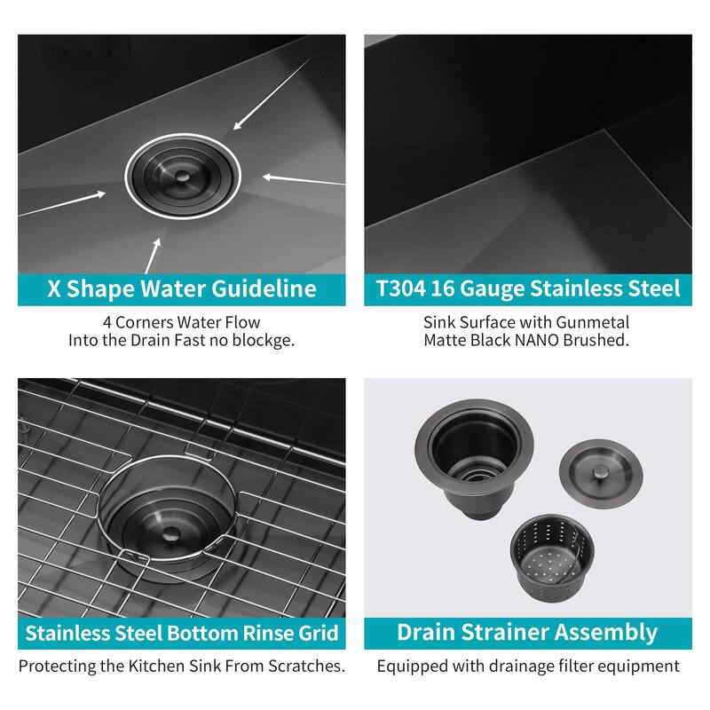 Single Bowl Undermount Kitchen Sink 16 Gauge with 9" Deep Basin - Gunmetal Black