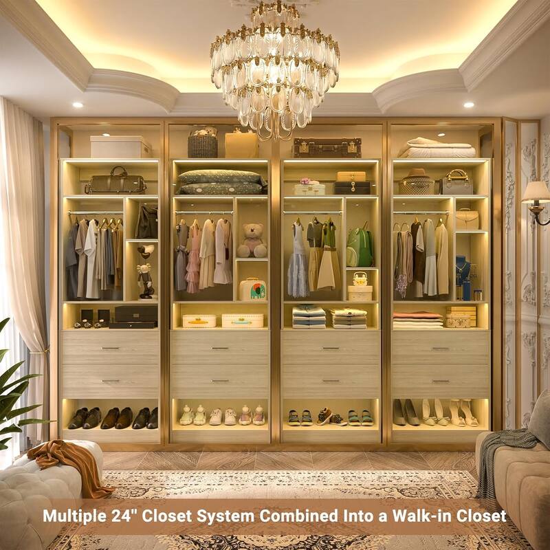Kyrvo Freestanding 24" Closet System with 2 Wood Drawers,2FT Heavy Duty Walk-in Closet Organizer with 6 Shelves & Hanging Rod