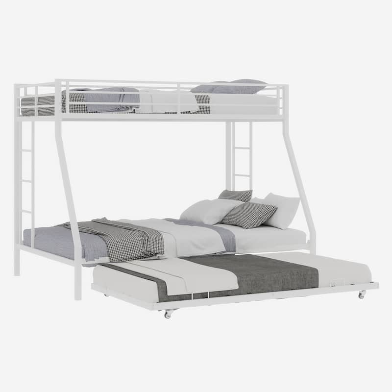 Modern Square Tube Bunk Bed with Ladder and Rolling Trundle Bed