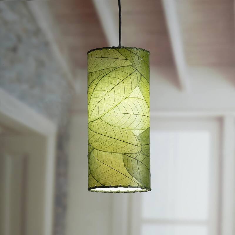 Handmade Cylinder Pendant, Cocoa Leaves Shade, 7 x 7 x 17 in. - 7 x 7 x 17 - Green