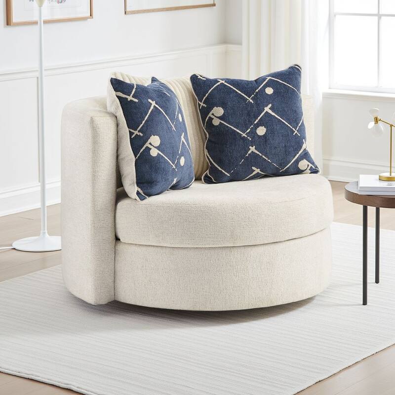 Oversize Swivel Accent Chair, 3 Large Throw Pillows, Ivory Polyester