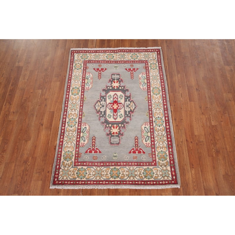 Gray Geometric Kazak Foyer Rug Handmade Wool Carpet - 3'4" x 4'10"