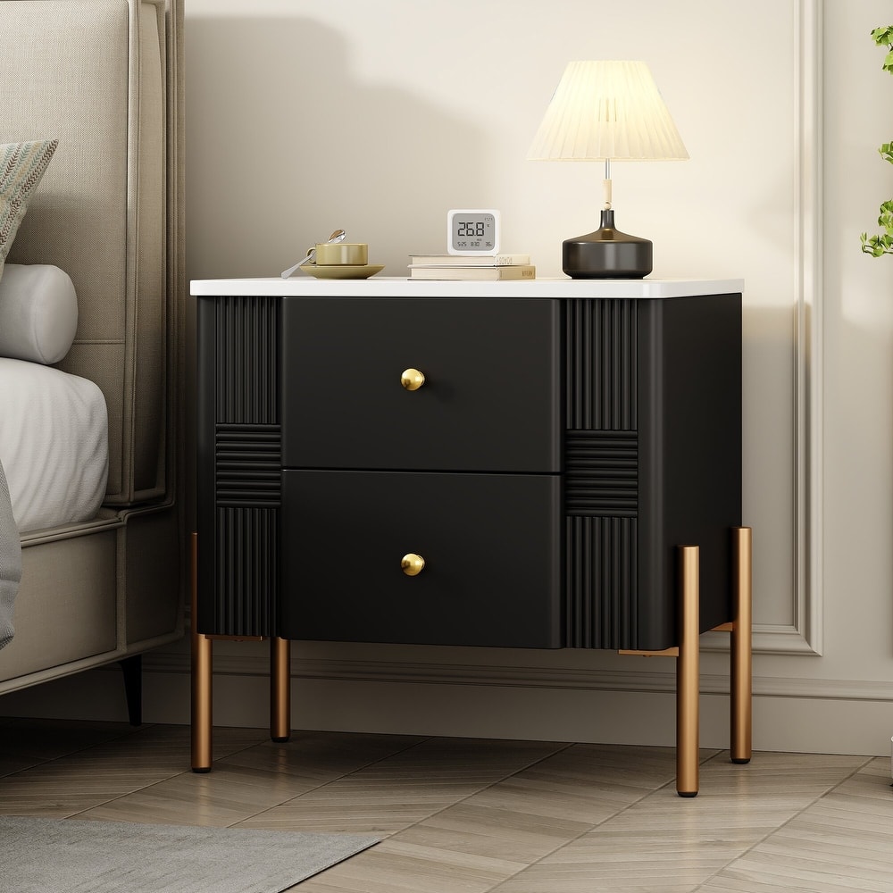 Modern Nightstand with 2 Storage Drawer, Fluted Bedside Table with Golden Metal Handles and Legs