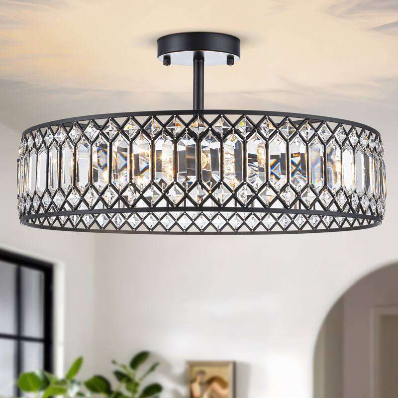 Starsky Luxury Crystal Drum Dimmable Semi Flush Mount Light - 19.69" - Black