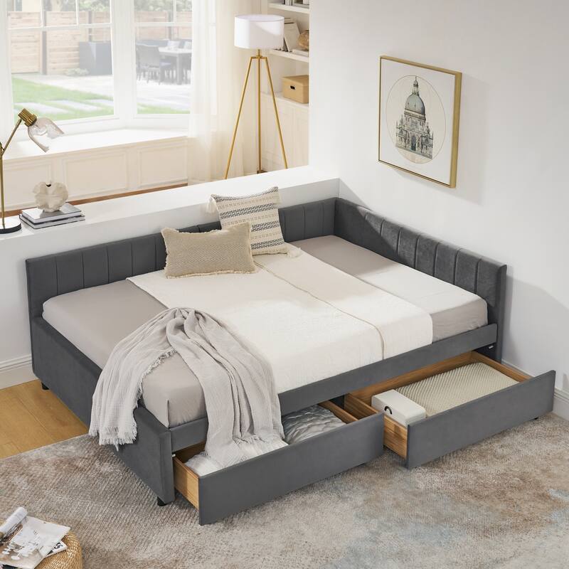 Full Size Upholstered Tufted Bed Frame with Two Drawers and Comfortable Backrest