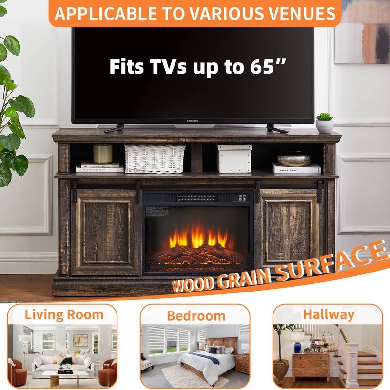 58-60" Fireplace TV Stand for 55-65" TVs w/ 18-23" Insert Farmhouse/Modern/Rustic Barn/Glass Doors Espresso/Grey/Brown/White Oak