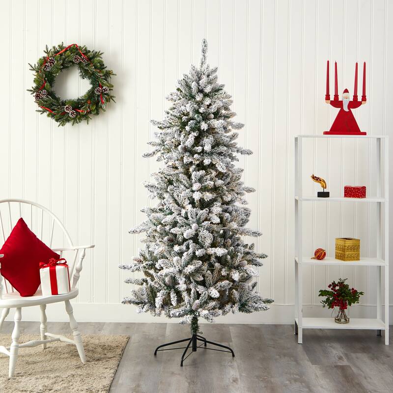 6' Flocked Livingston Fir Artificial Christmas Tree with Pine Cones - 6 Foot - Green