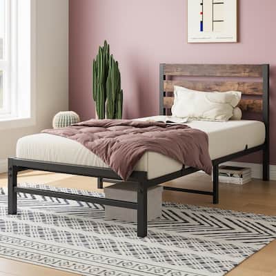 Platform Bed Frame with Rustic Vintage Wood Headboard, Strong Metal Slats Support Mattress Foundation