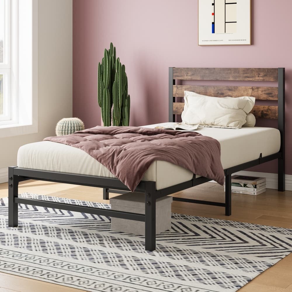 Platform Bed Frame with Rustic Vintage Wood Headboard, Strong Metal Slats Support Mattress Foundation