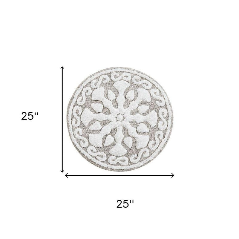 HomeRoots 25" Taupe And White Cotton Round Medallion Bath Rug
