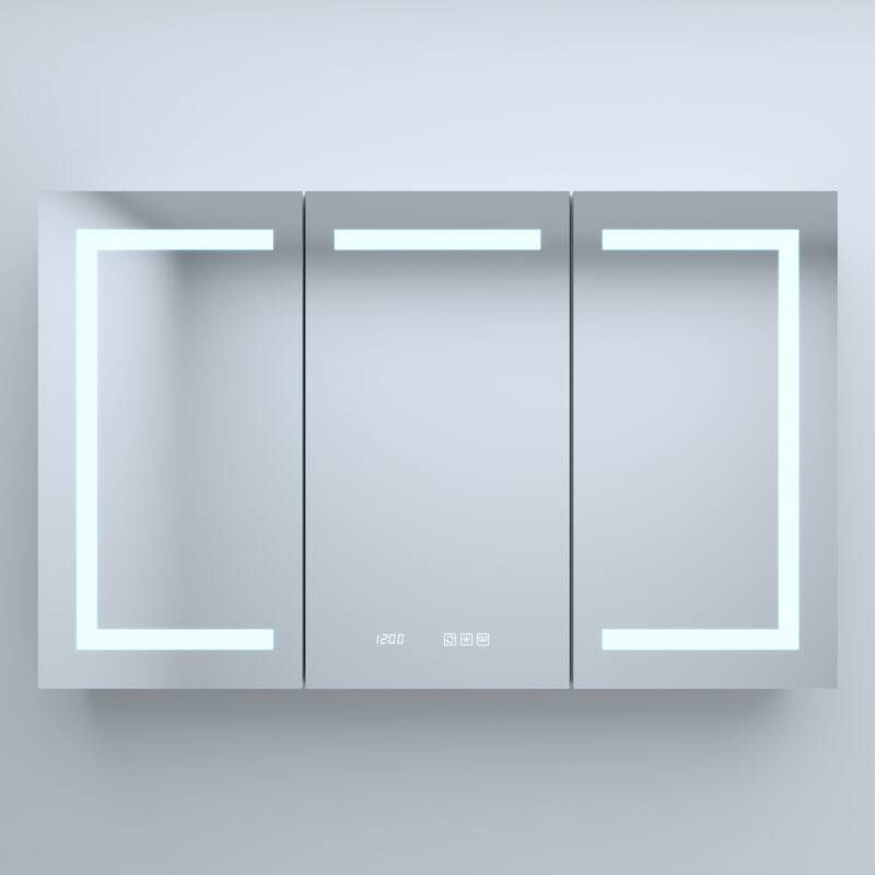 Rectangular Aluminum Recessed/Surface Mount Medicine Cabinet in Silver with Mirror LED and Clock