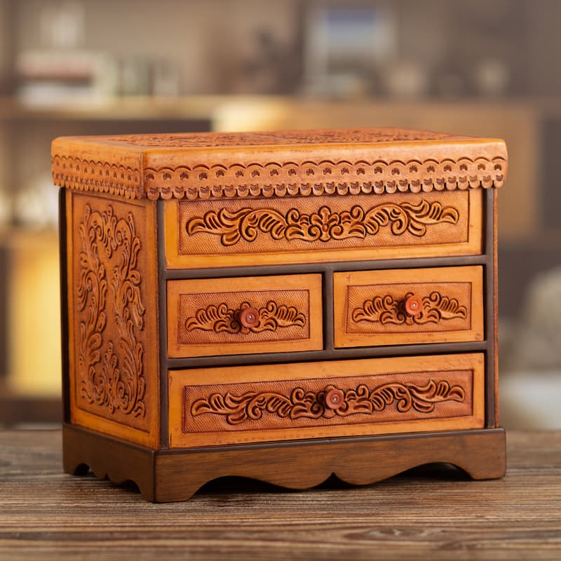 Novica Handmade Baroque Mysteries Wood And Leather Jewelry Box