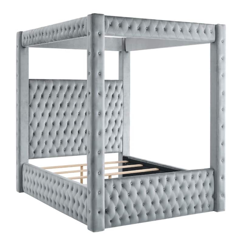 Beli King Size Canopy Bed, Tufted Design, Gray Velvet Upholstery