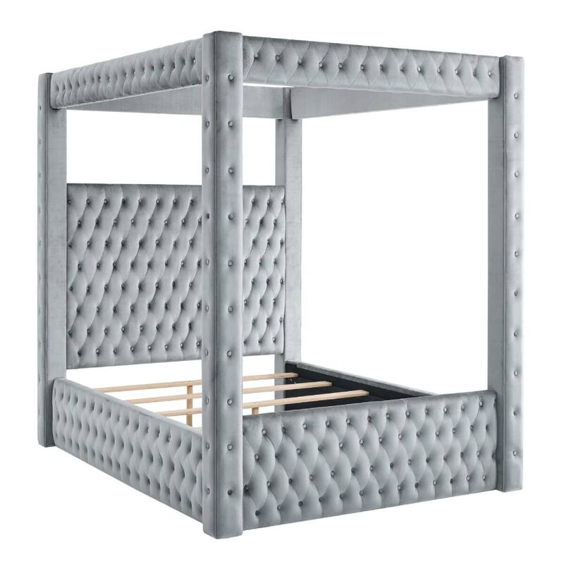 Beli Queen Size Canopy Bed, Tufted Design, Gray Velvet Upholstery