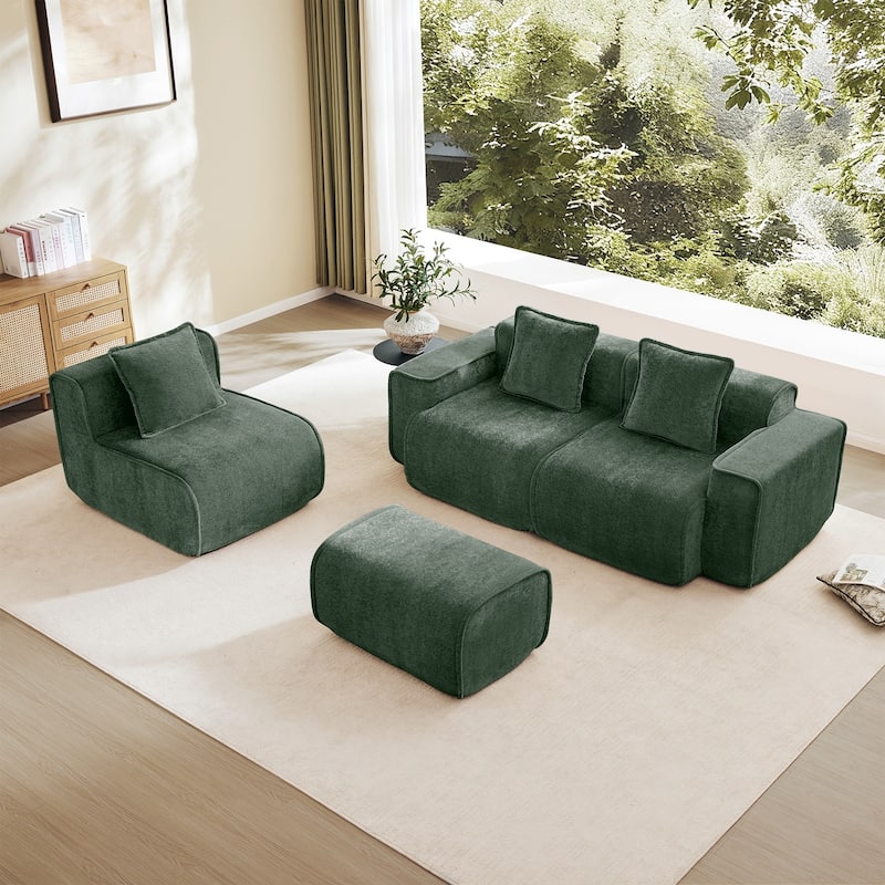 Streamlined Design Modular 3 Seat L Shape Boneless Velvet Fabric Sofa with 1 Movable Ottoman - 8' x 10'