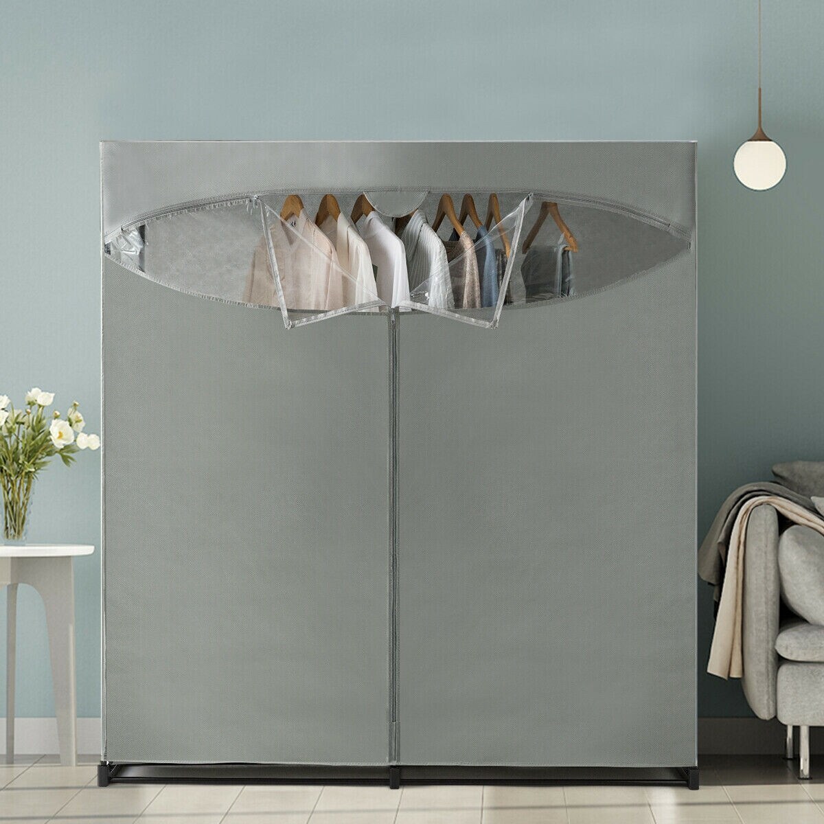 Shop Portable Wardrobe Clothes Storage Organizer Closet With Hanging Rack Grey Overstock 30986419