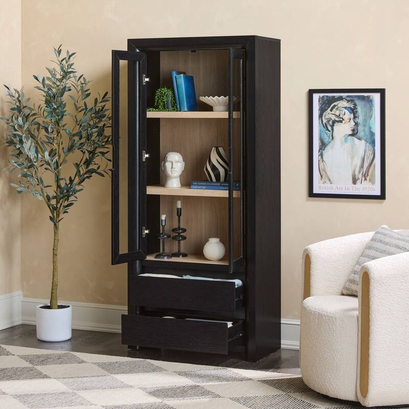 Walker Edison Modern Wood Bookshelf with Glass Doors and Drawer Storage