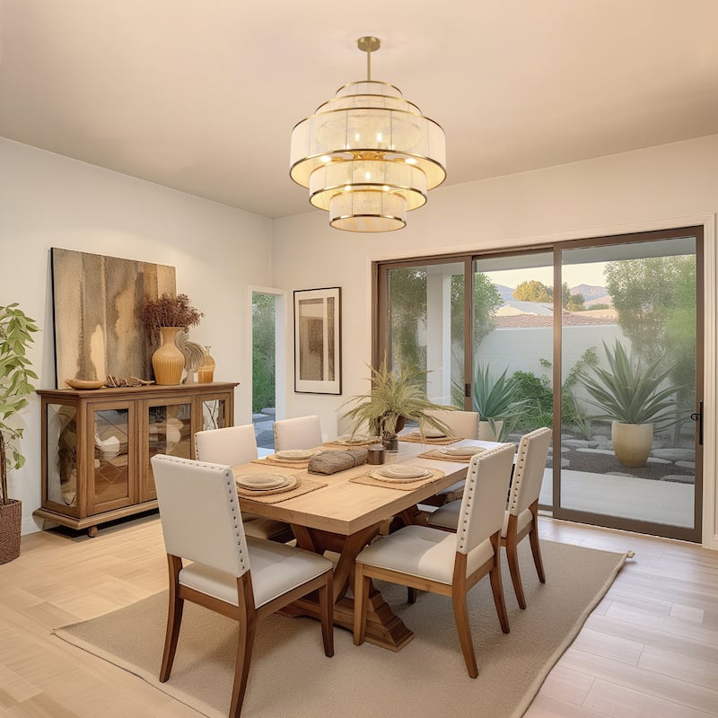 12-Light Boho 5-Tier Hand Woven Rattan Drum Chandelier-30.12 "W x 27.56"H - Brushed Gold