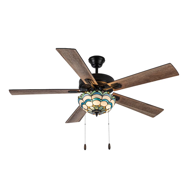 Yves River of Goods Multicolored Oil-Rubbed Bronze and Stained Glass 3-Light 52-Inch Ceiling Fan - 52" x 52" x 14.75"/19.75" - Amber/Blue/Aqua/Green/Oil Rubbed Bronze - 52" x 52" x 14.75"/19.75" - Remote
