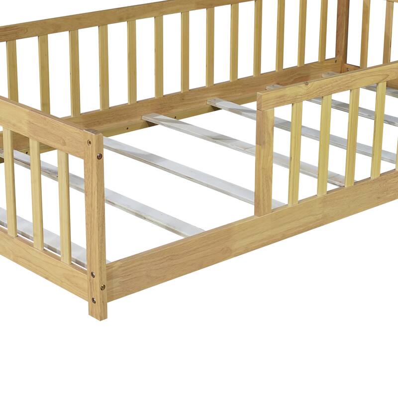 Twin Floor Bed with High Safety Fence, Rubber Wood Construction, Easy Assembly