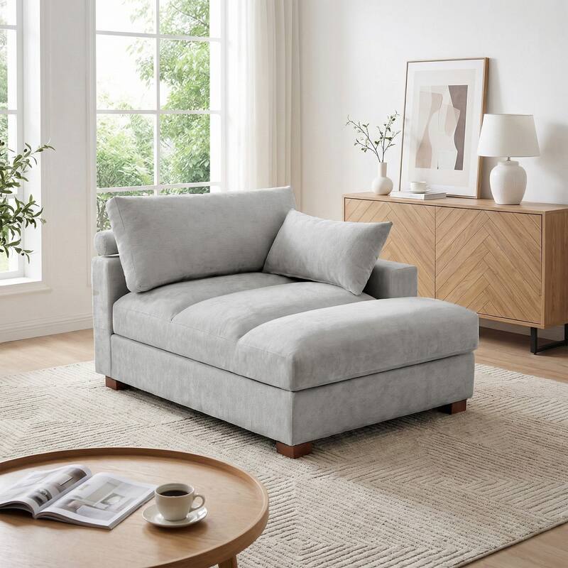 Mid-Century Chenille Adjustable Headrest Chaise Lounge Sofa - Grey - Right Facing