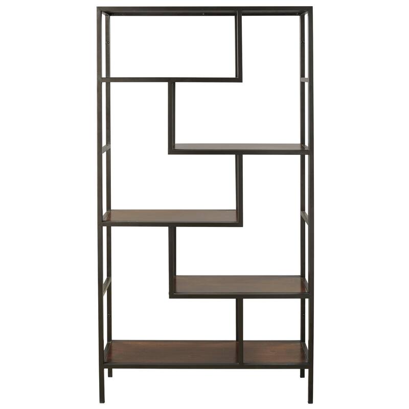 5 Shelves Asymmetric Design Bookcase with Metal Frame, Brown and Black - 70.25 H x 36 W x 12.13 L Inches