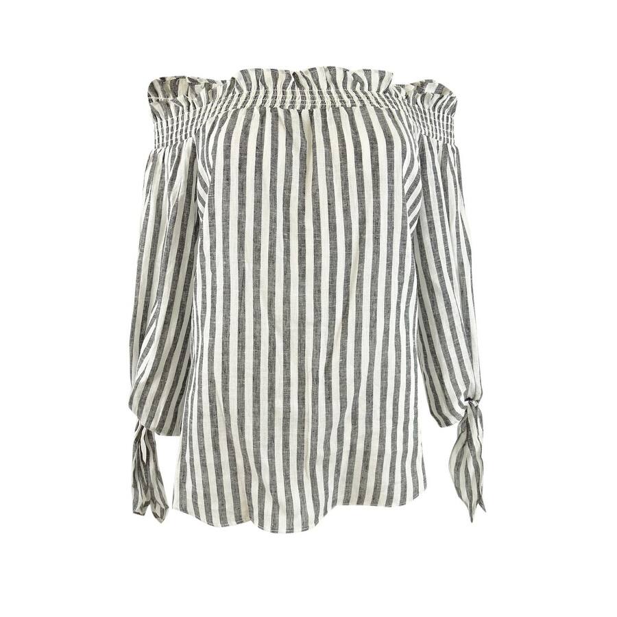 MICHAEL Michael Kors Women's Tie-Sleeve Off-the-Shoulder Top (M, Black/White)