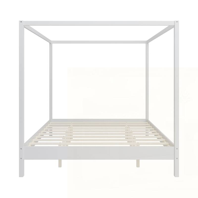 Solid Wood Canopy Bed Frame Four Poster Platform Bed with Slats Support