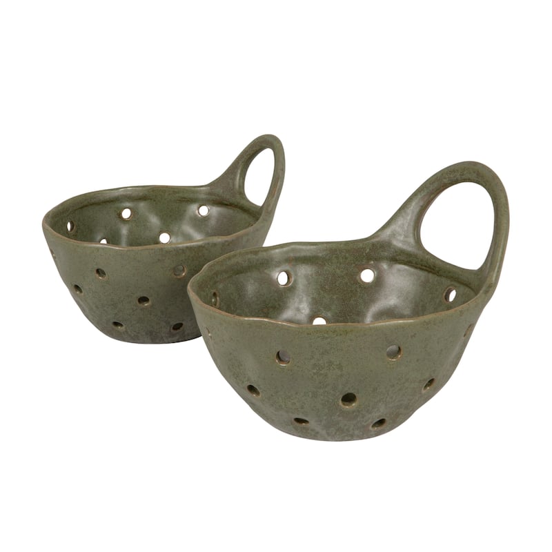 Set of 2 Cream Stoneware Colanders - Green - 2 Piece