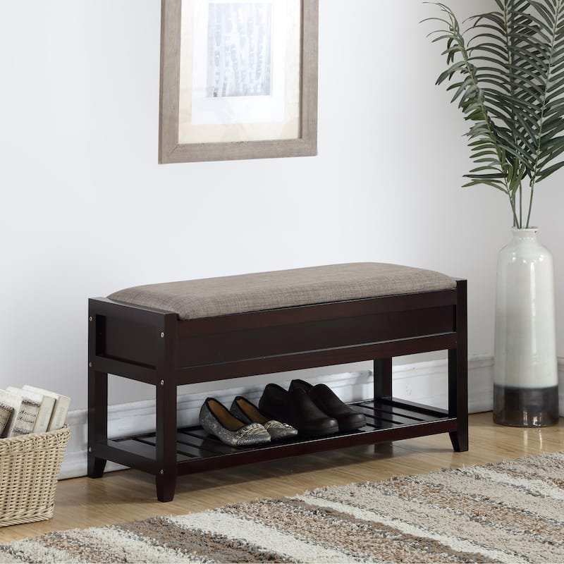 Fabric Seating Wood Bench with Shoe Storage - Espresso