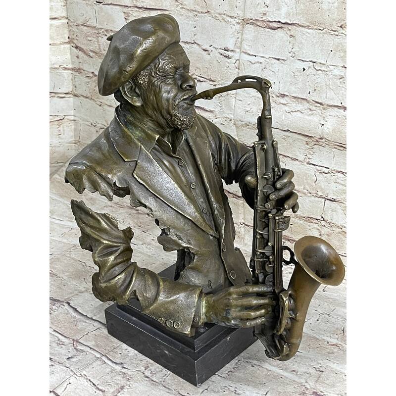 Bronze Sculpture Statue Of African American Black Jazz Saxophone Musician, Signed