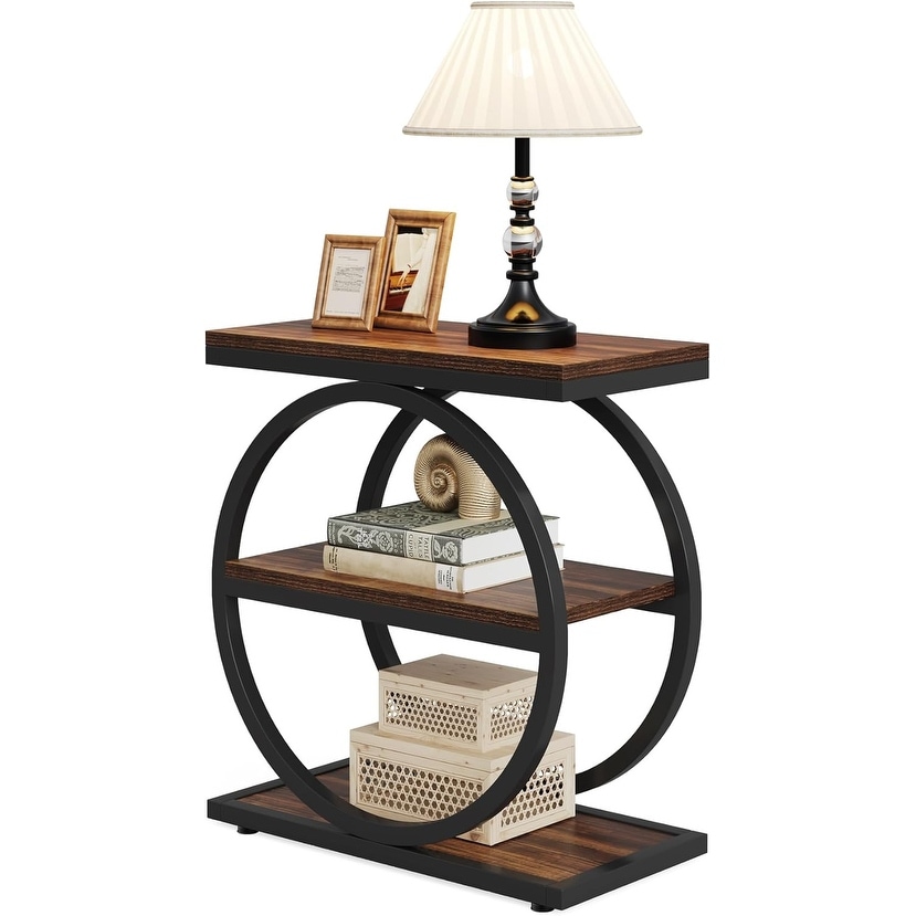 3-Tier Industrial Side Table with Storage Shelves, Round Metal Legs, Slim Nightstand for Living Room