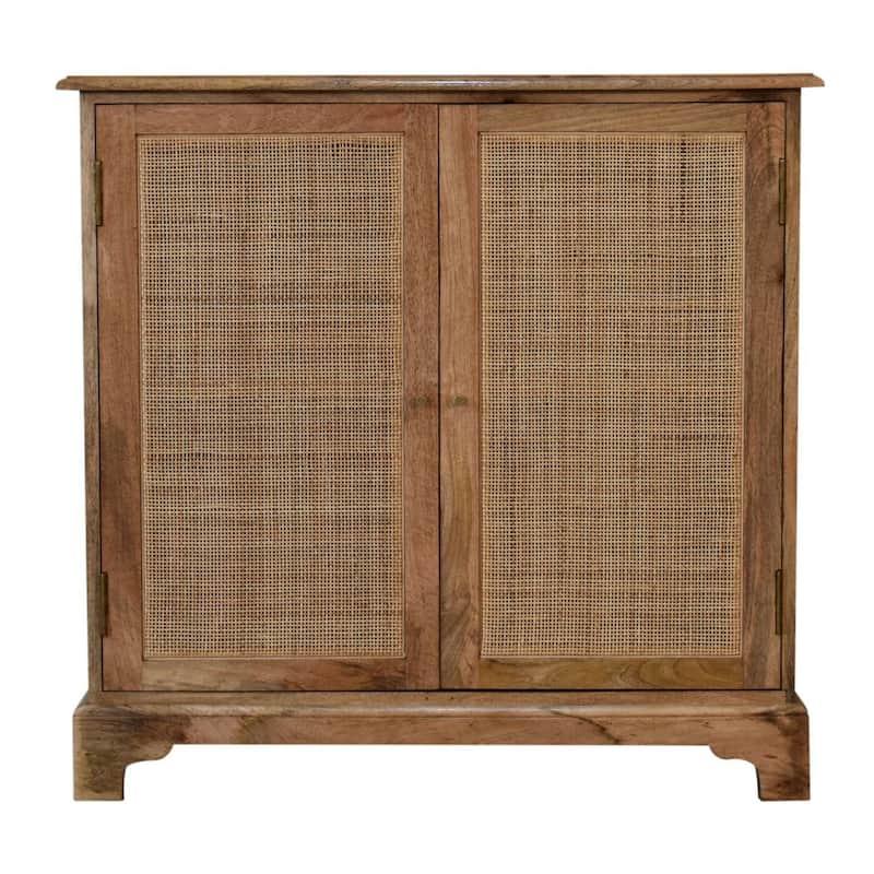 HomeRoots 34" Brown Solid Wood And Textured Rattan Accent Cabinet With Two Doors