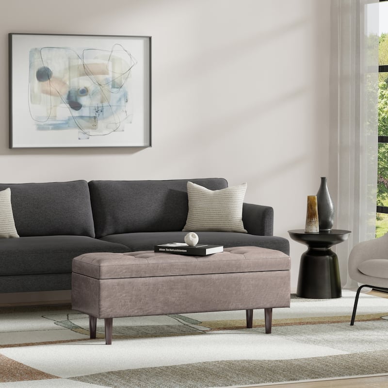 WYNDENHALL Blanchette 48 inch Wide Mid Century Modern Rectangle Storage Ottoman - Distressed Grey Taupe
