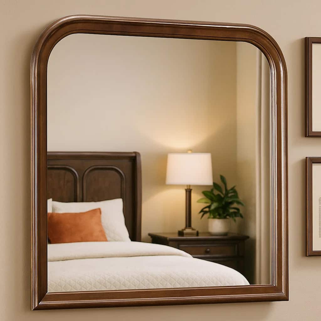 Arched Molded Design Wooden Frame Mirror, Cherry Brown and Silver