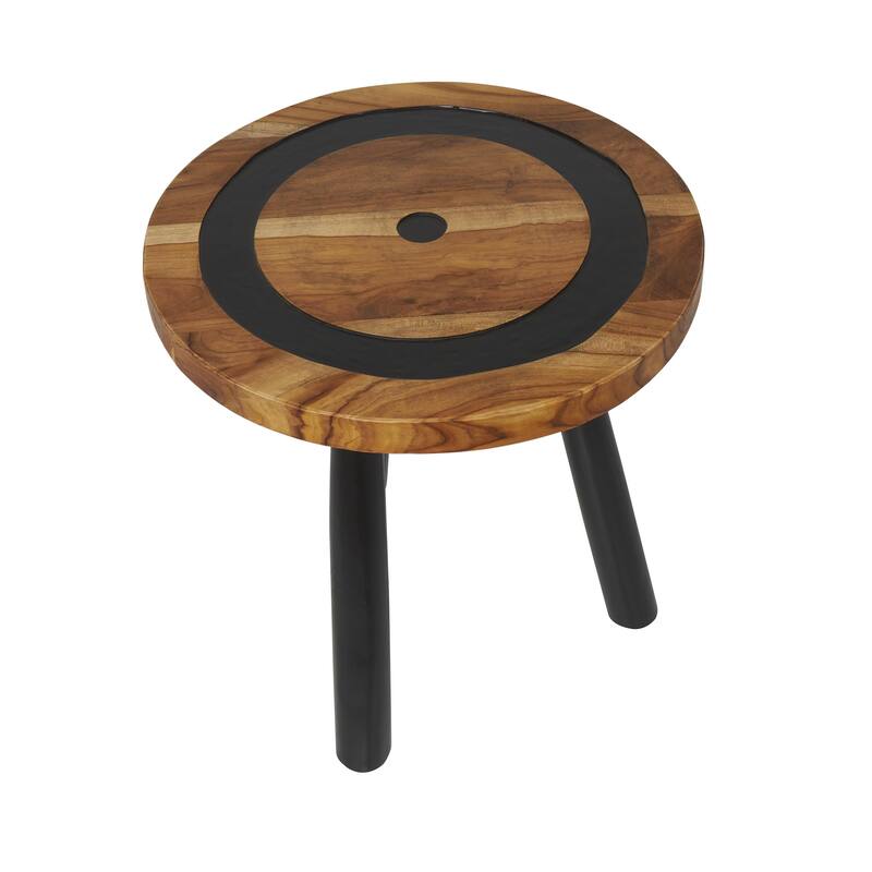 Teak Wood Geometric Layered Circle Accent Table with Black Legs - Brown - Roche River Decor