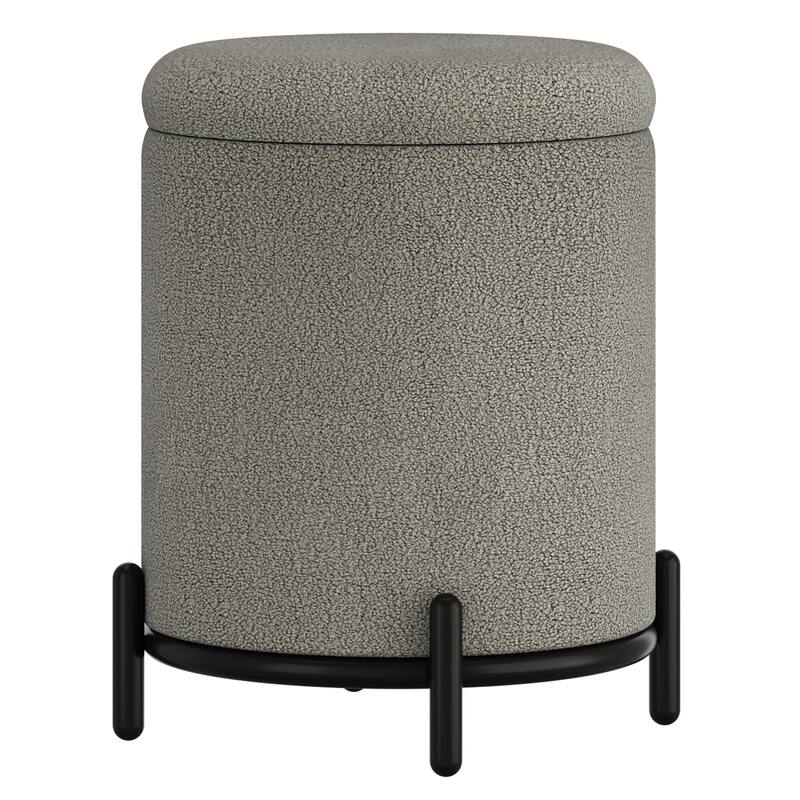 Modern Boucle Fabric Round Storage Ottoman - Grey