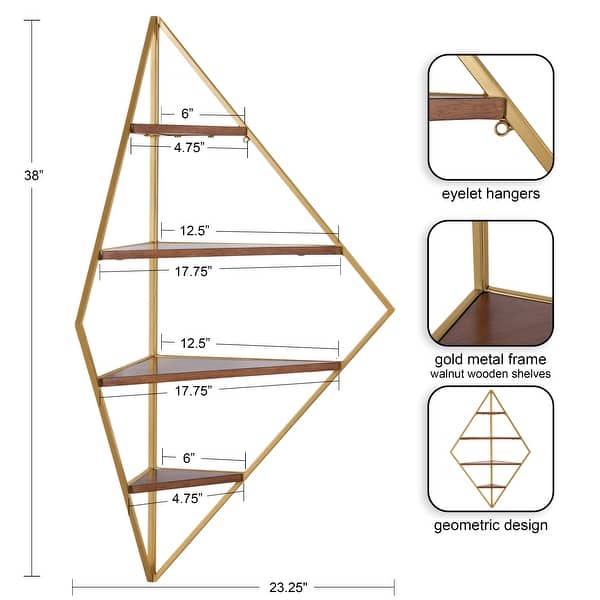 dimension image slide 3 of 5, Kate and Laurel Melora Glam Metal and Wood 5-tier Corner Wall Shelf