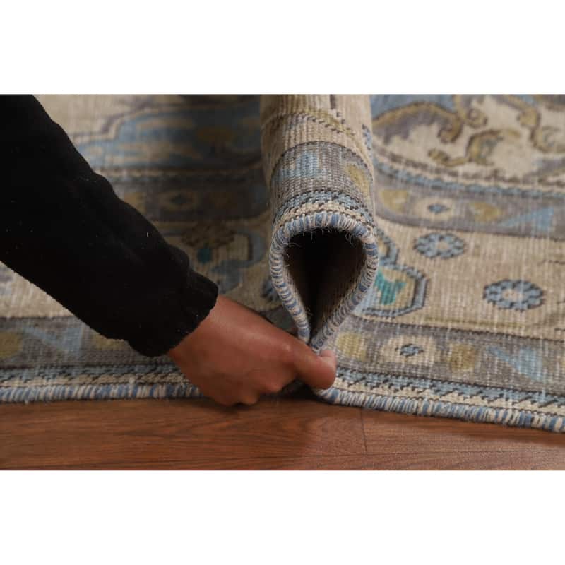 Beige Geometric Tabriz Persian Vintage Rug Hand-Knotted Wool Carpet - 6'3" x 9'1"