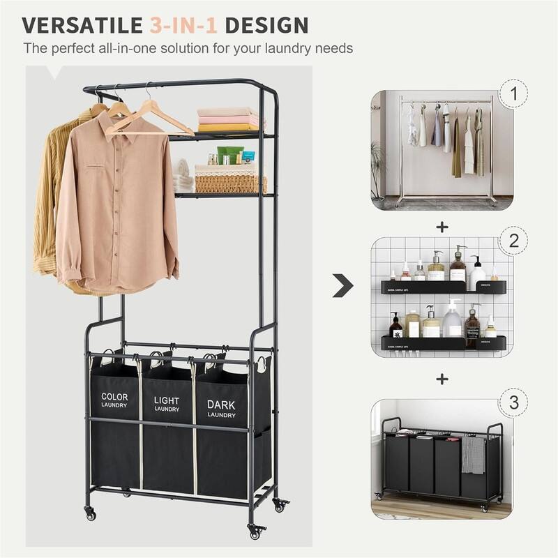 Laundry Sorter Cart with Hanging Rack - 28.54"L x 17.7"W x 70.86"H