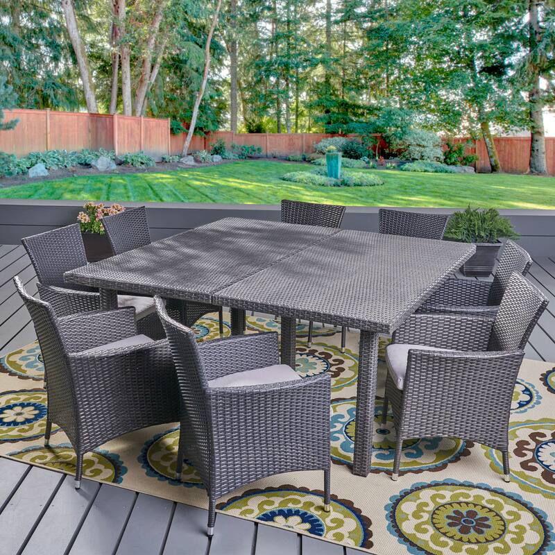Aristo Outdoor 9-piece Square Wicker Dining Set with Cushions by Christopher Knight Home - grey + silver cushions